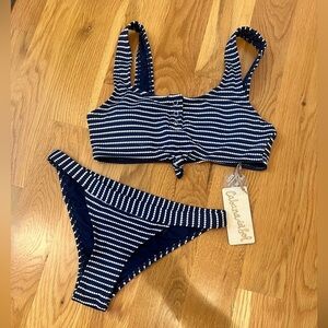 Navy and white striped bikini. Size S